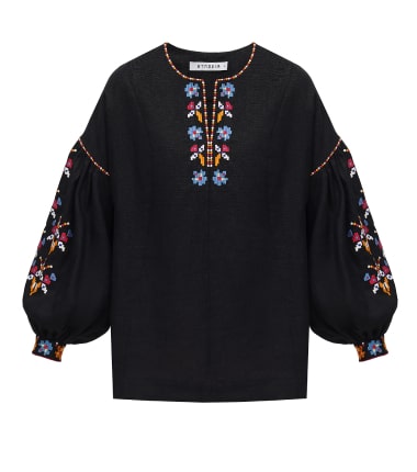 women's black long-sleeved blouse with colored embroidery